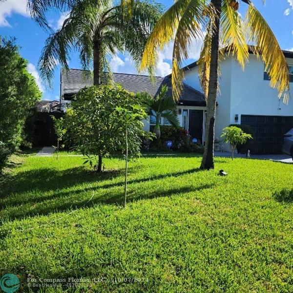 a view of a house with a yard and palm trees