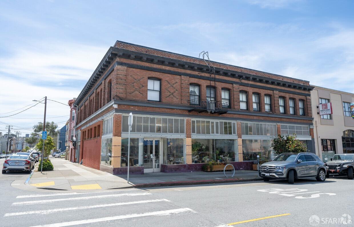 a view of a building and a street