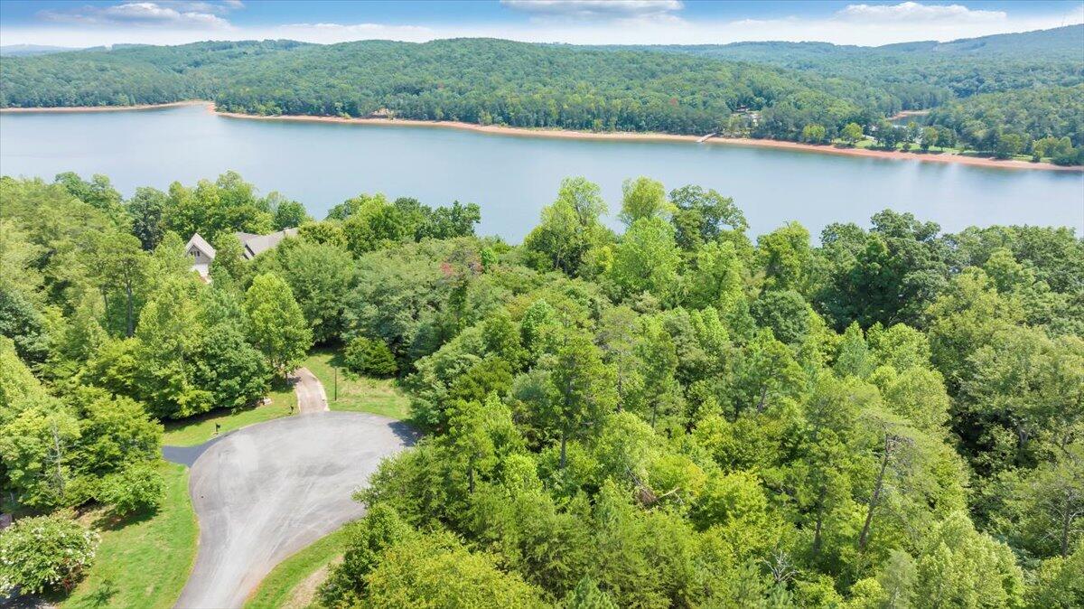 an aerial view of a residential houses with outdoor space and lake view