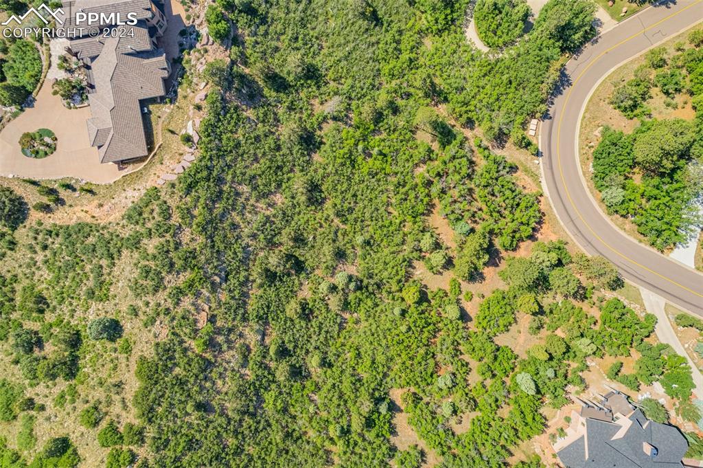 an aerial view of a house with a yard and large trees