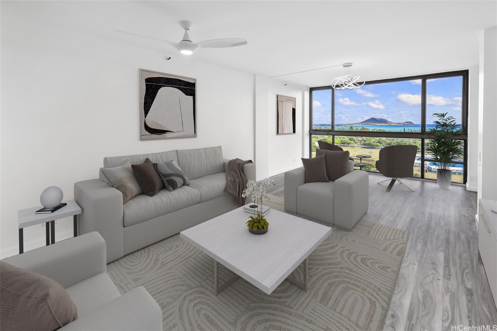 a living room with furniture floor to ceiling window and wooden floor