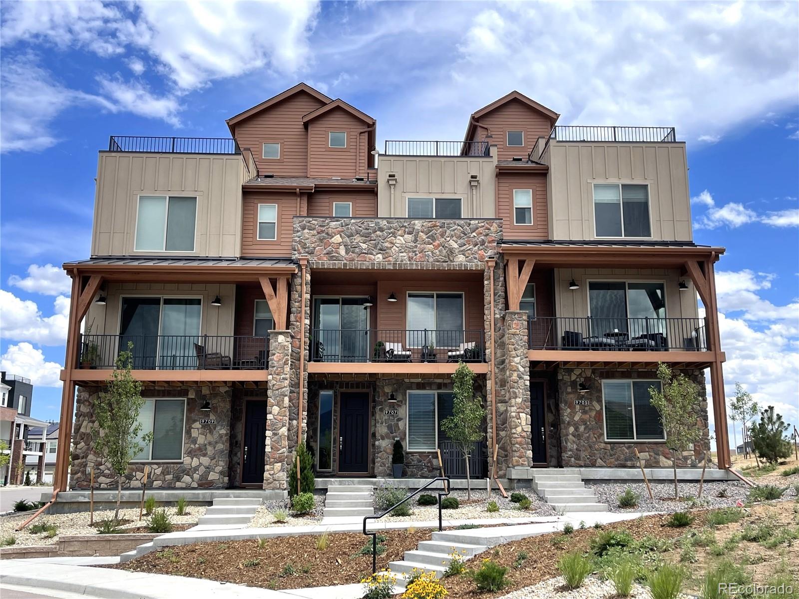 a front view of residential houses