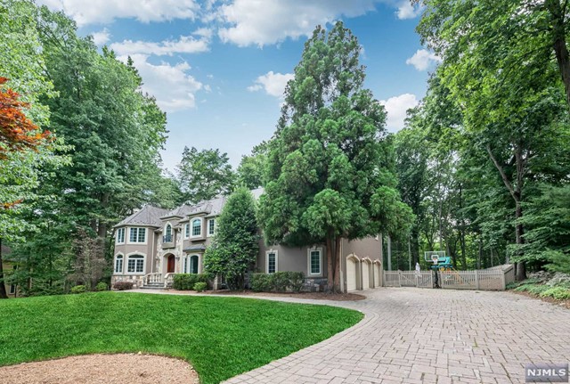 a front view of a house with a yard and trees