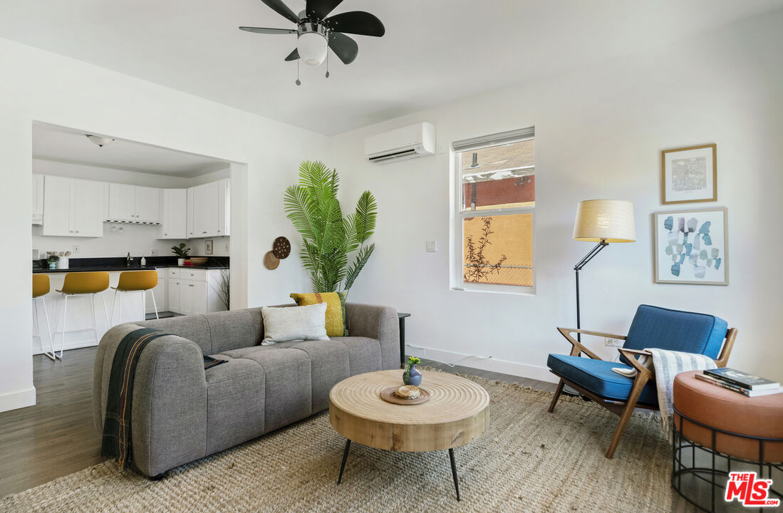 a living room with furniture a rug and a potted plant