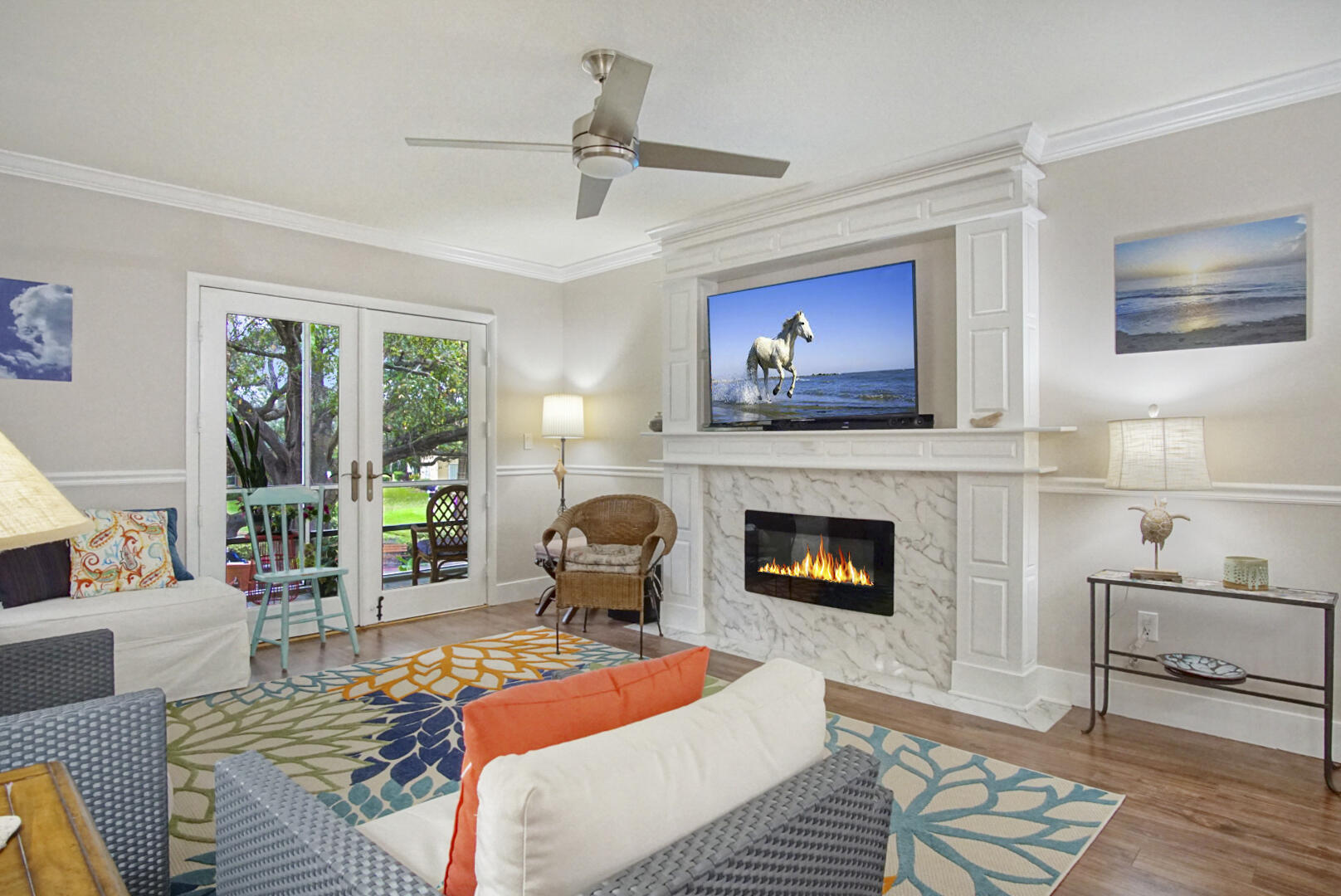 a bedroom with furniture and a fireplace