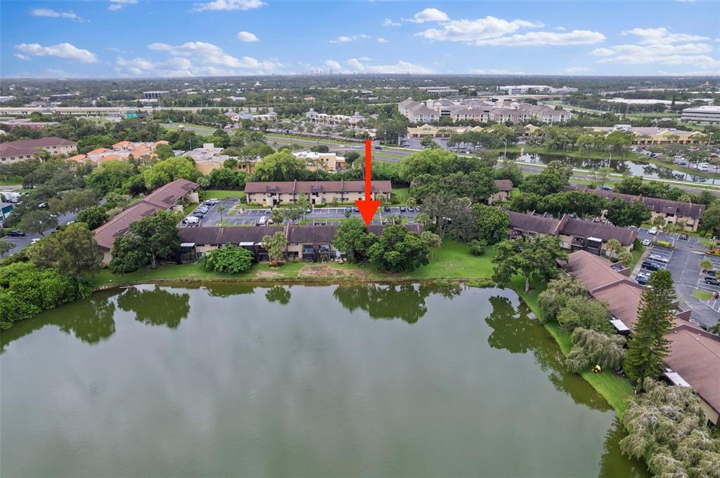 an aerial view of city lake and trees