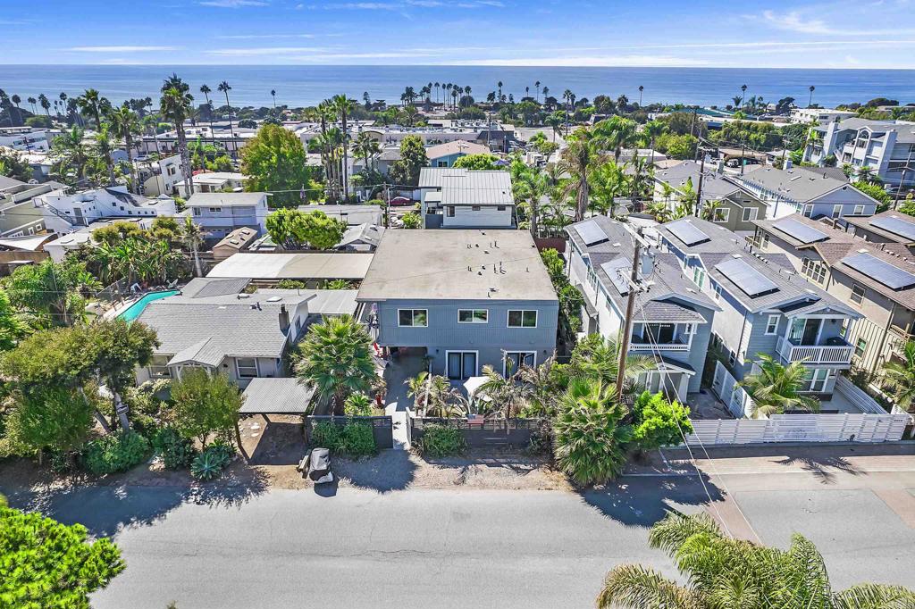 an aerial view of a house with a yard potted plants and large tree