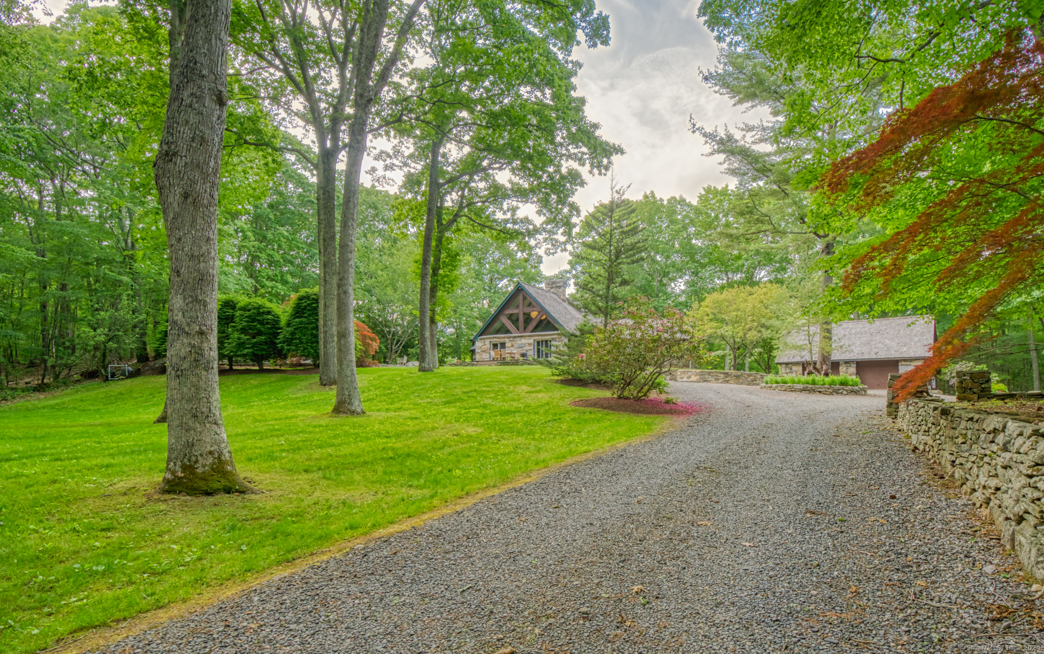 a view of a road with a yard and large trees