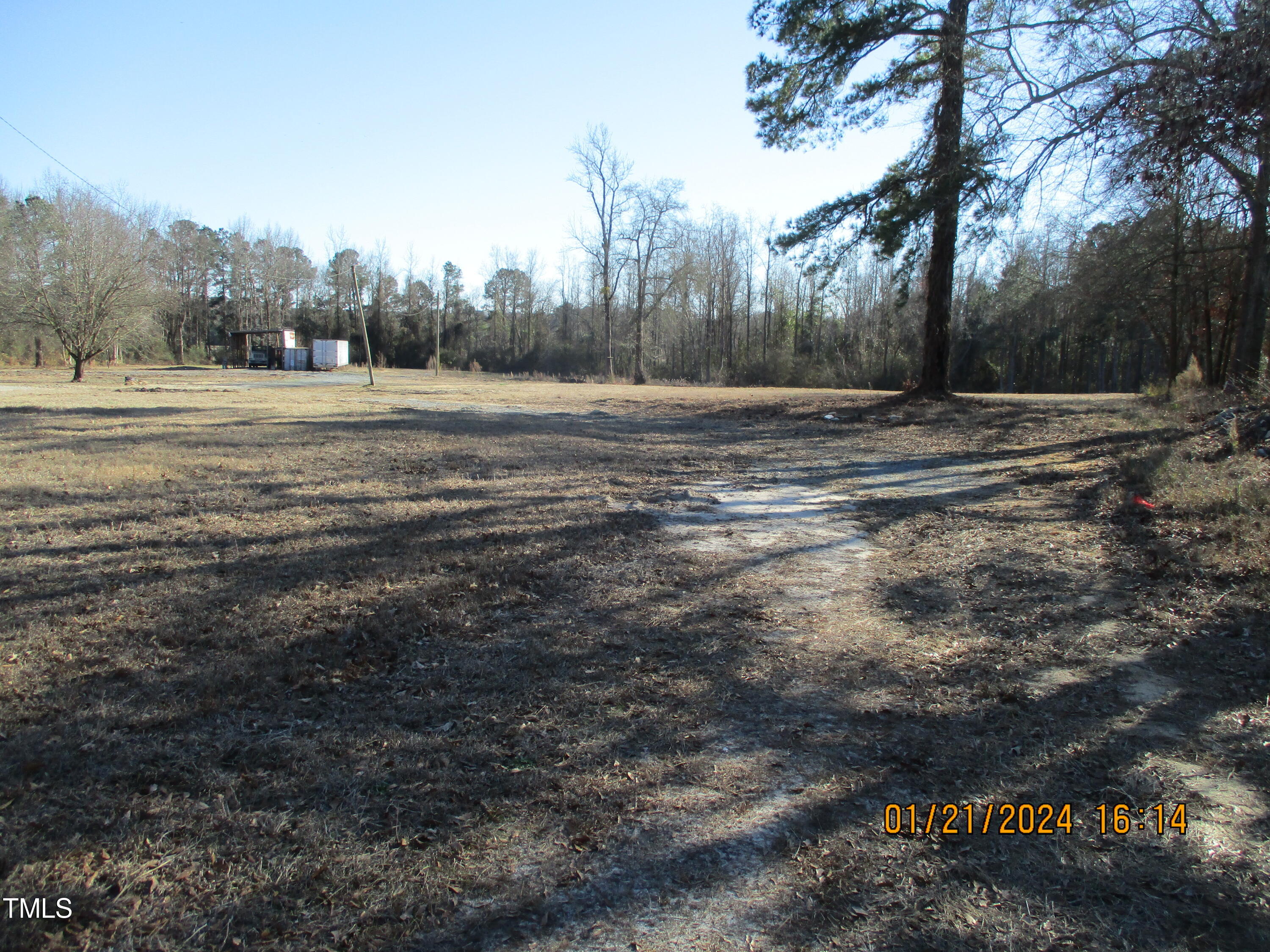 a view of dirt field with trees