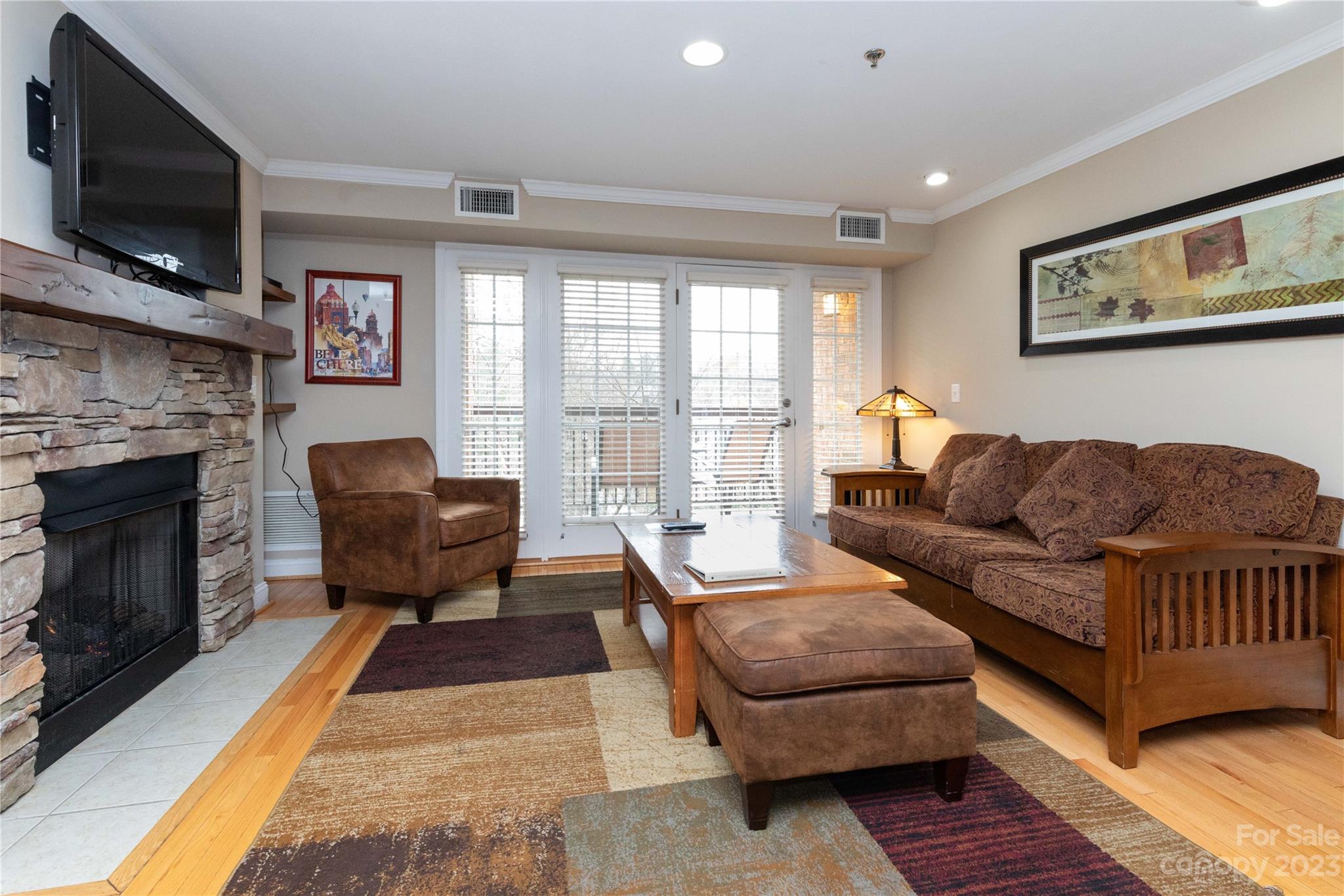 a living room with furniture a flat screen tv and a fireplace