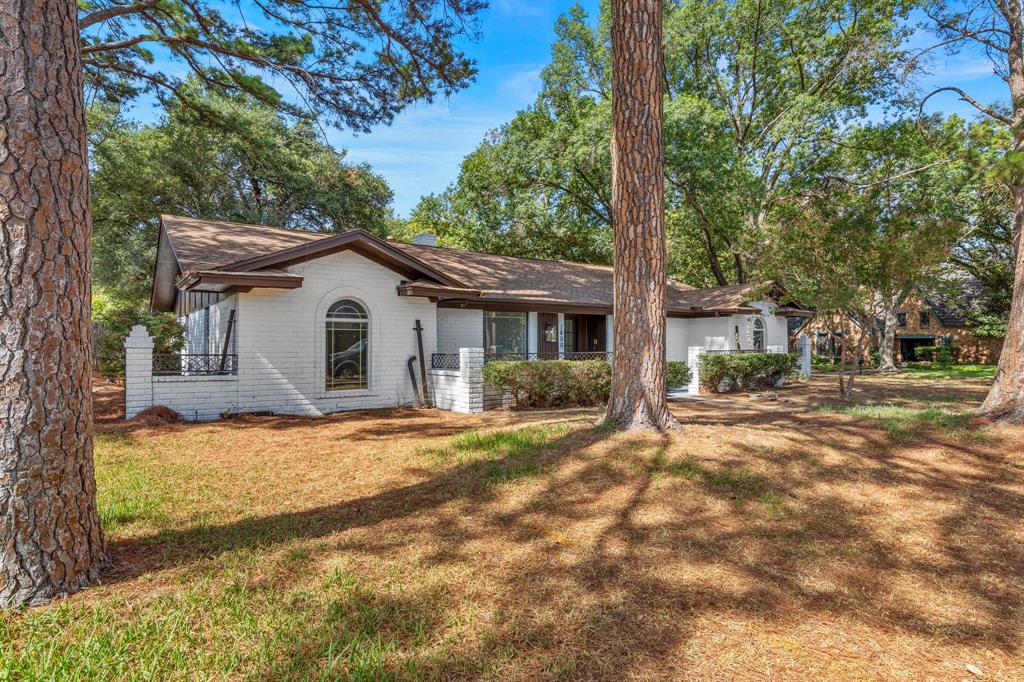 a view of a house with a yard and large tree