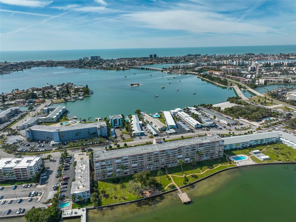 a view of a lake with a city