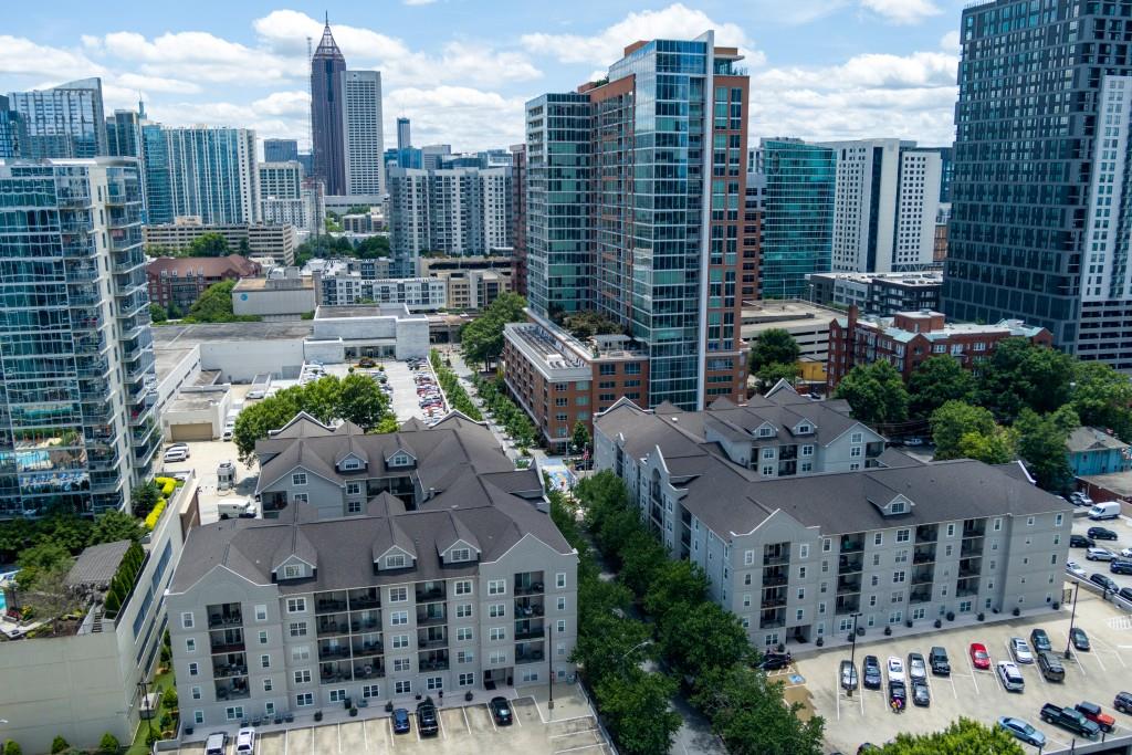 a city view with tall buildings