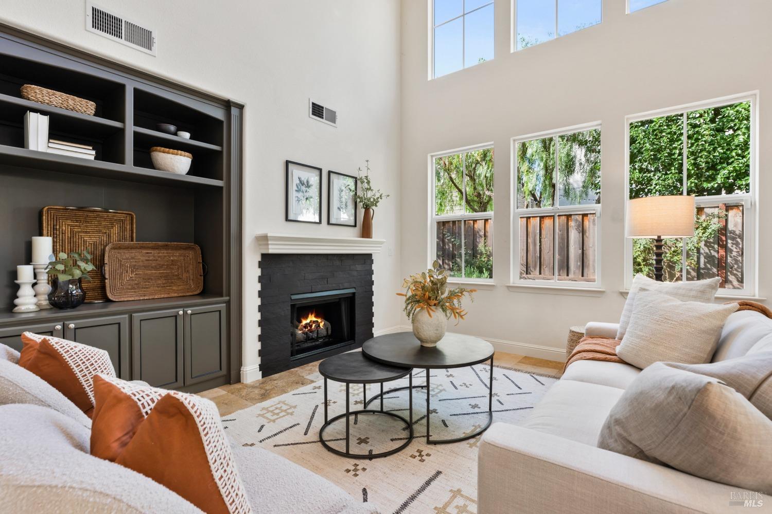 a living room with furniture a window and a fireplace