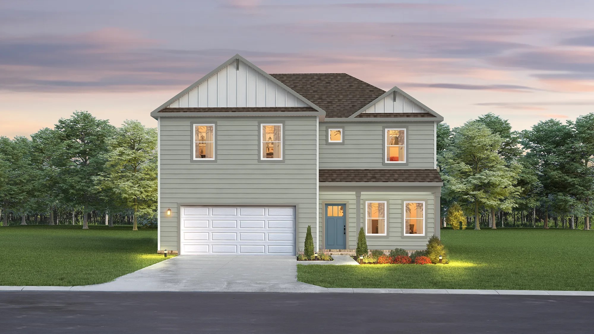 a front view of house with yard and green space