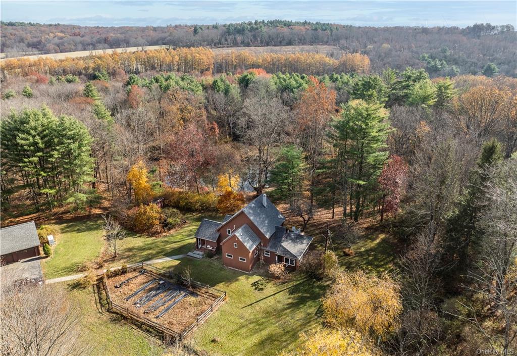 Bird's eye view featuring main house, garage and fenced garden