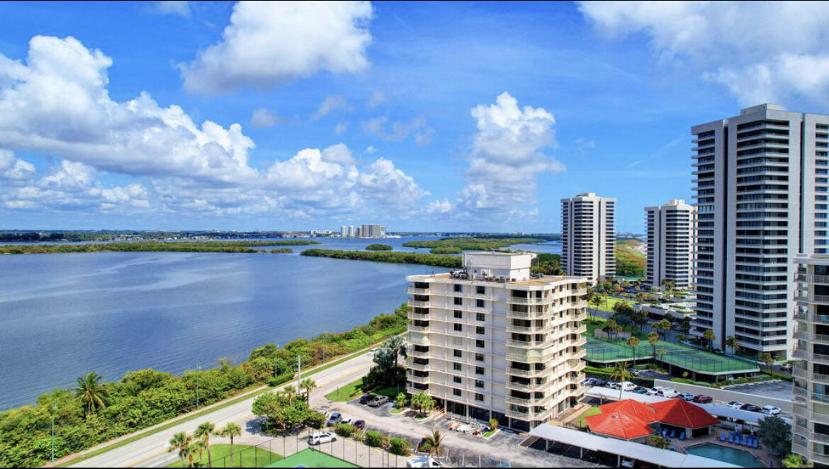 a city view with tall buildings