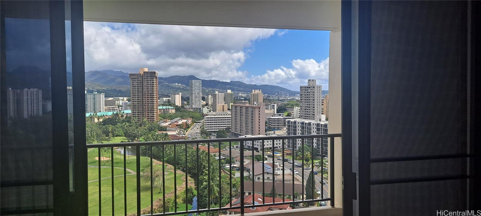 a view of a balcony from a window