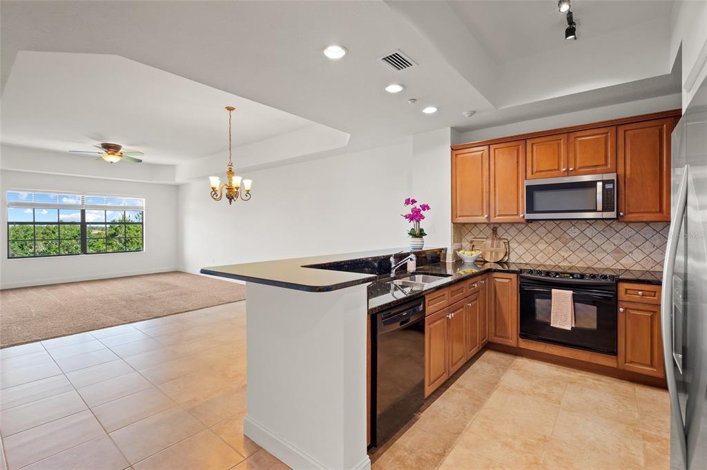 a kitchen with stainless steel appliances granite countertop a stove a sink and a refrigerator