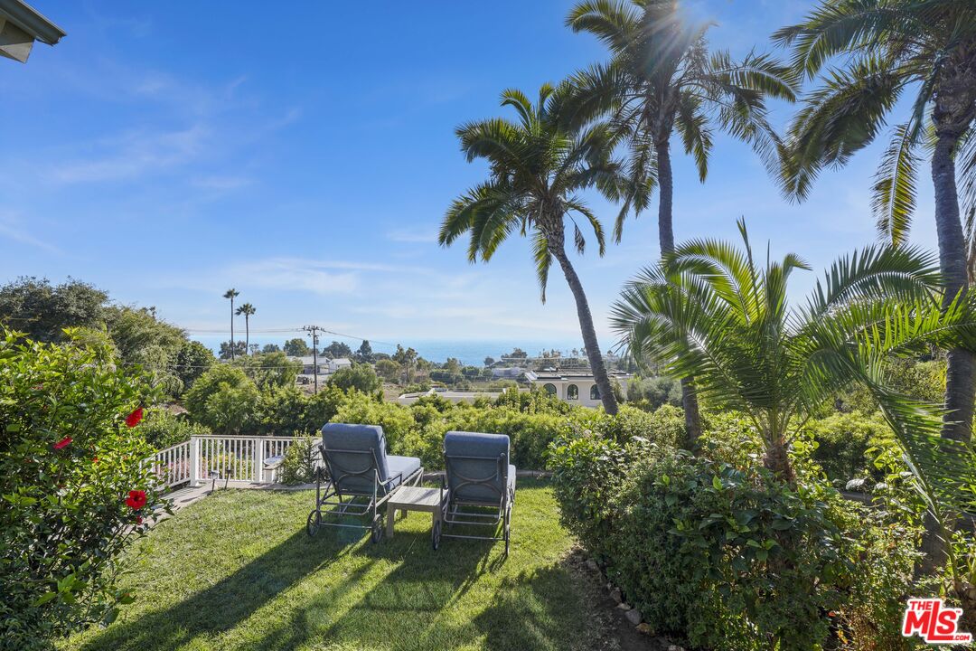 a view of a backyard with plants and lake view