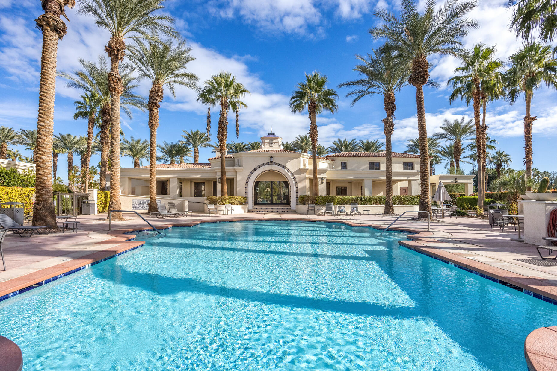 a view of a swimming pool with a lawn chairs and palm tree