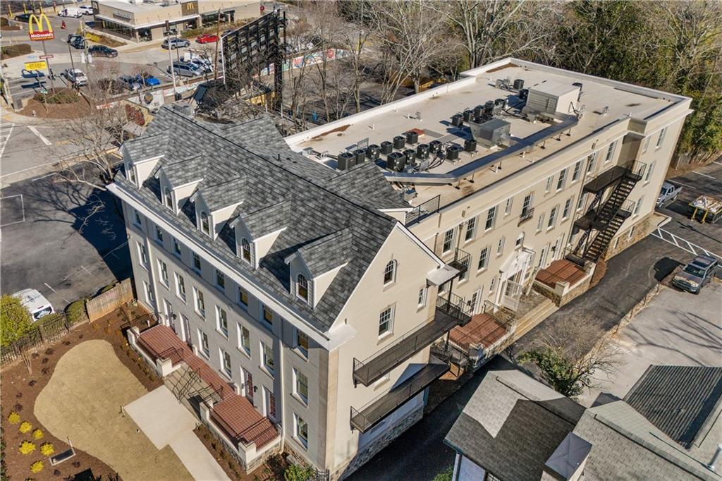 an aerial view of a backyard