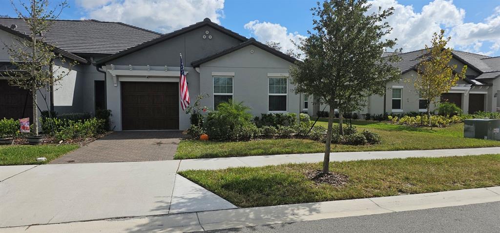 a front view of a house with a yard and tree