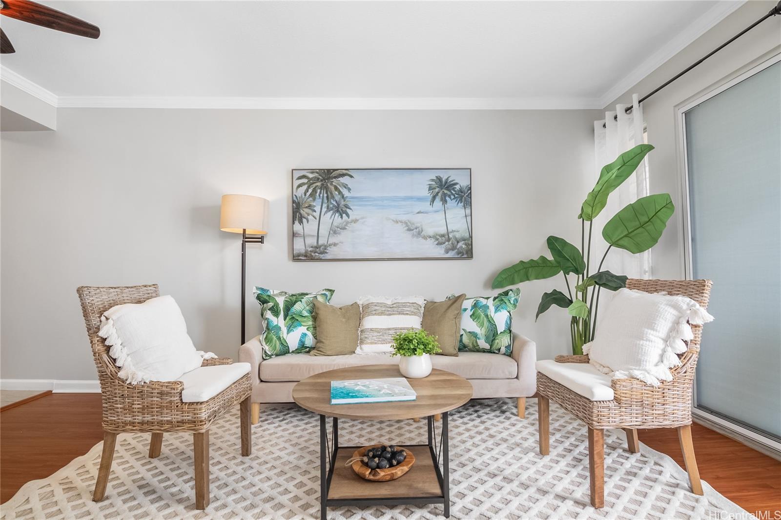 a living room with furniture and a table