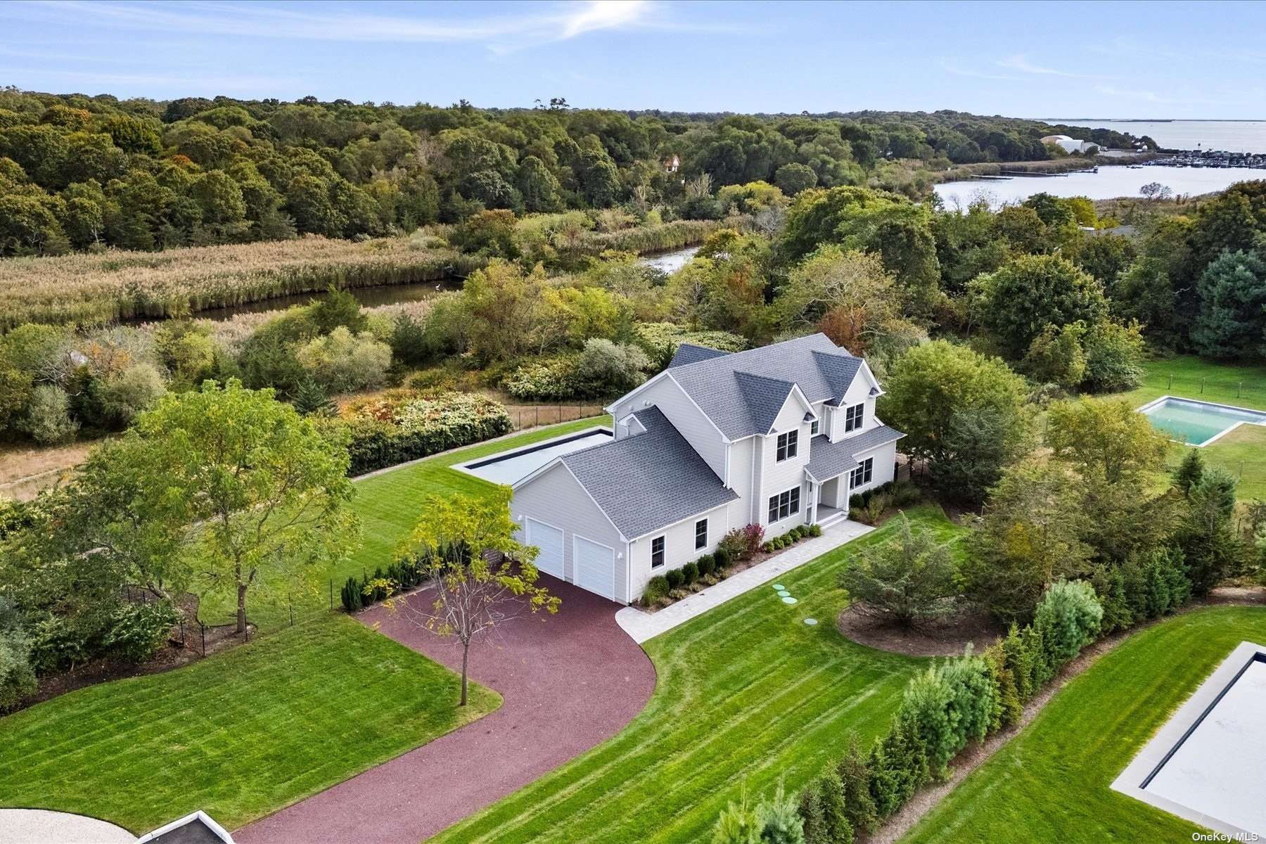 an aerial view of a house with a garden