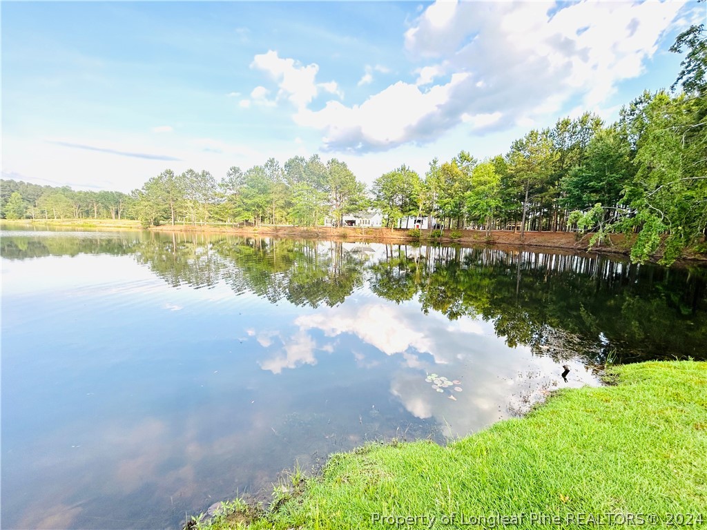 a view of a lake with houses in the back