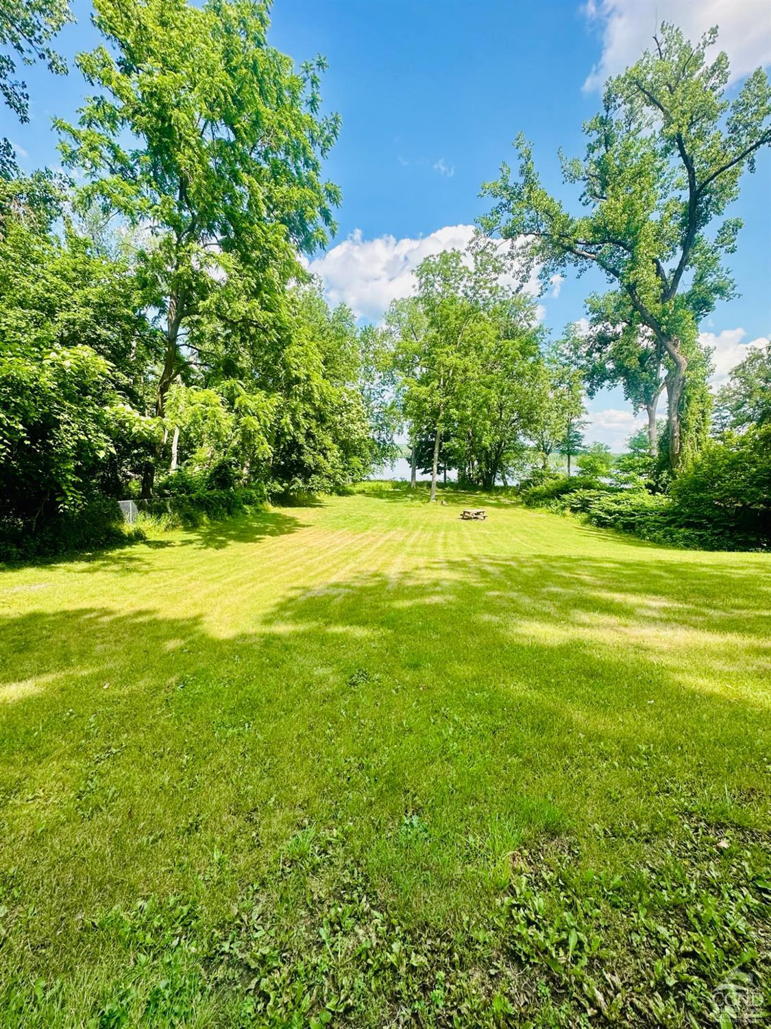 a view of a big yard with lawn chairs under an umbrella