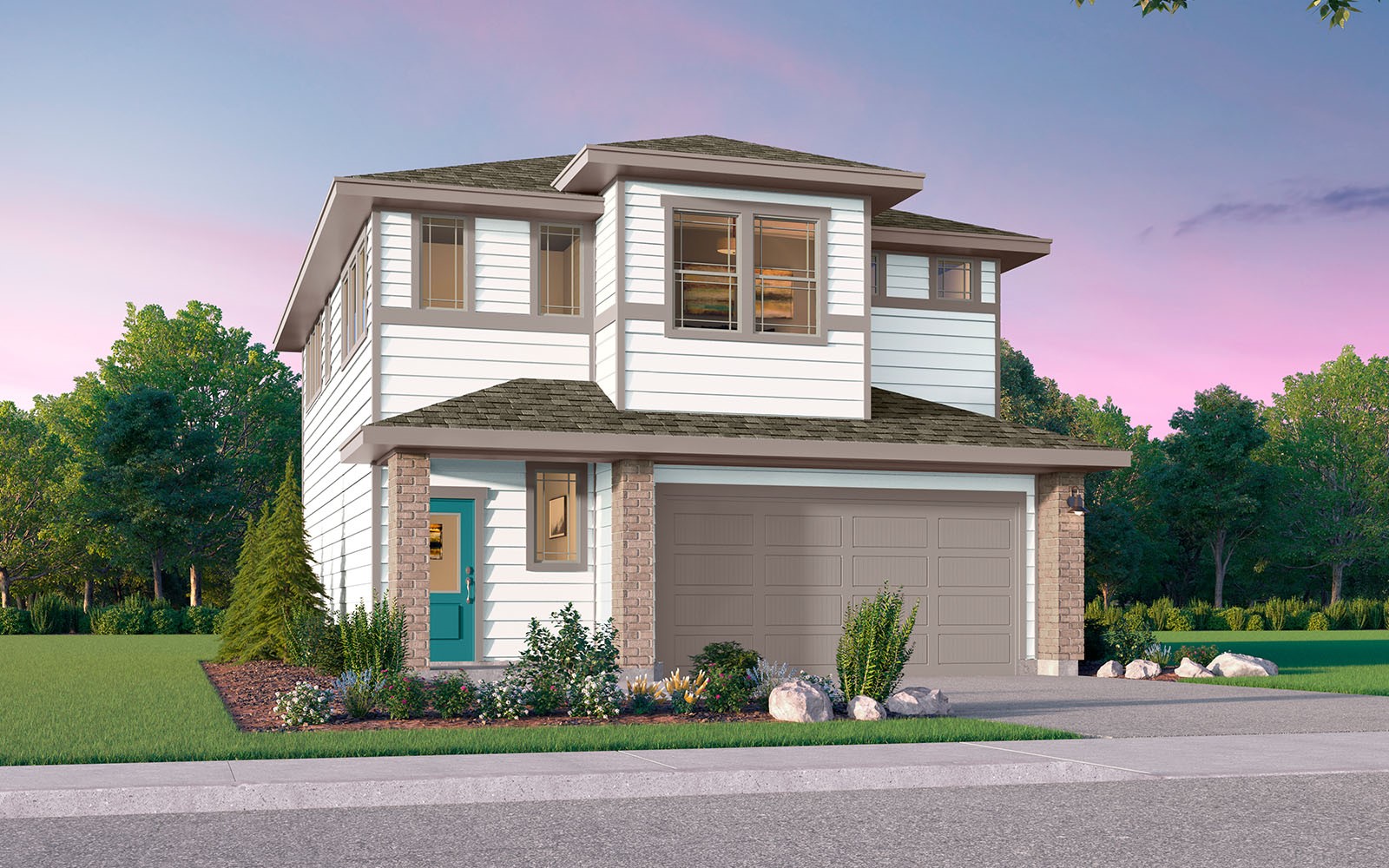 a front view of a house with a yard and potted plants