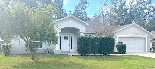 a view of a house with a yard and large tree