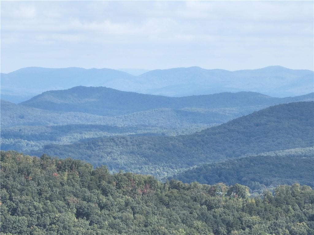 a view of a dry yard with mountains in the background