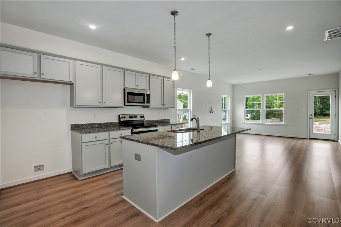 a kitchen with stainless steel appliances granite countertop a sink a stove and a wooden floors