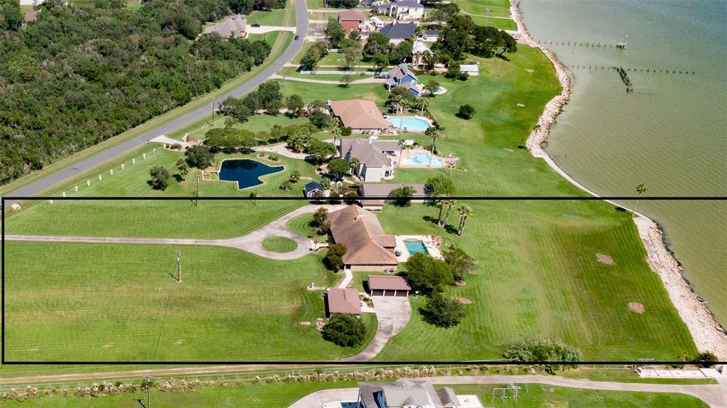 an aerial view of a pool