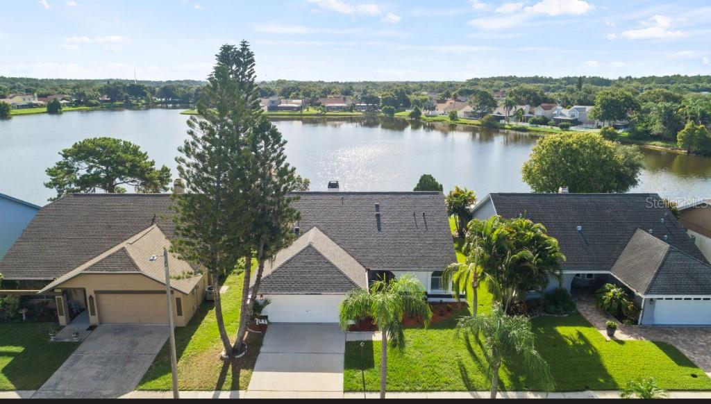 an aerial view of a house with lake view and a potted plant