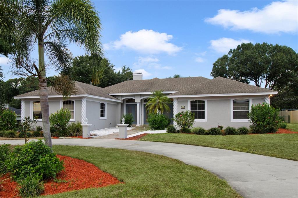 front view of a house with a patio