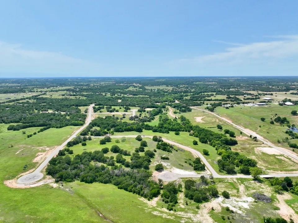 an aerial view of residential houses with outdoor space and trees