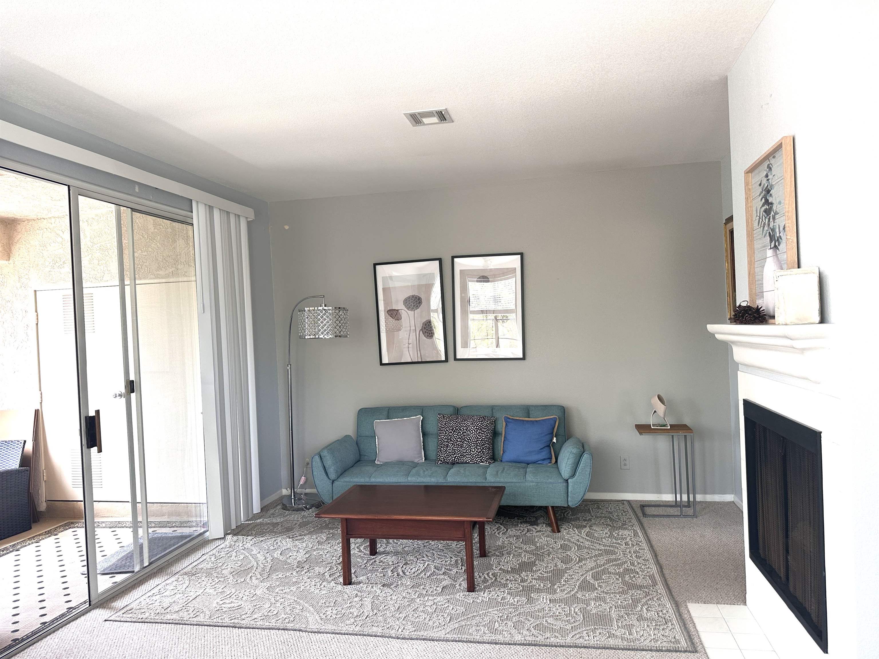 a living room with furniture a rug and a fireplace