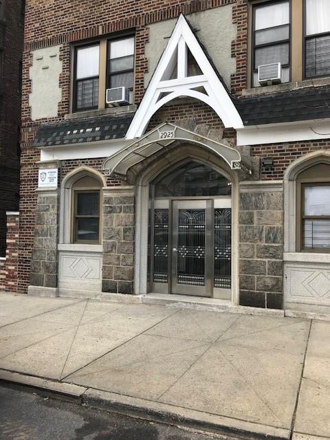 a view of a building with a door