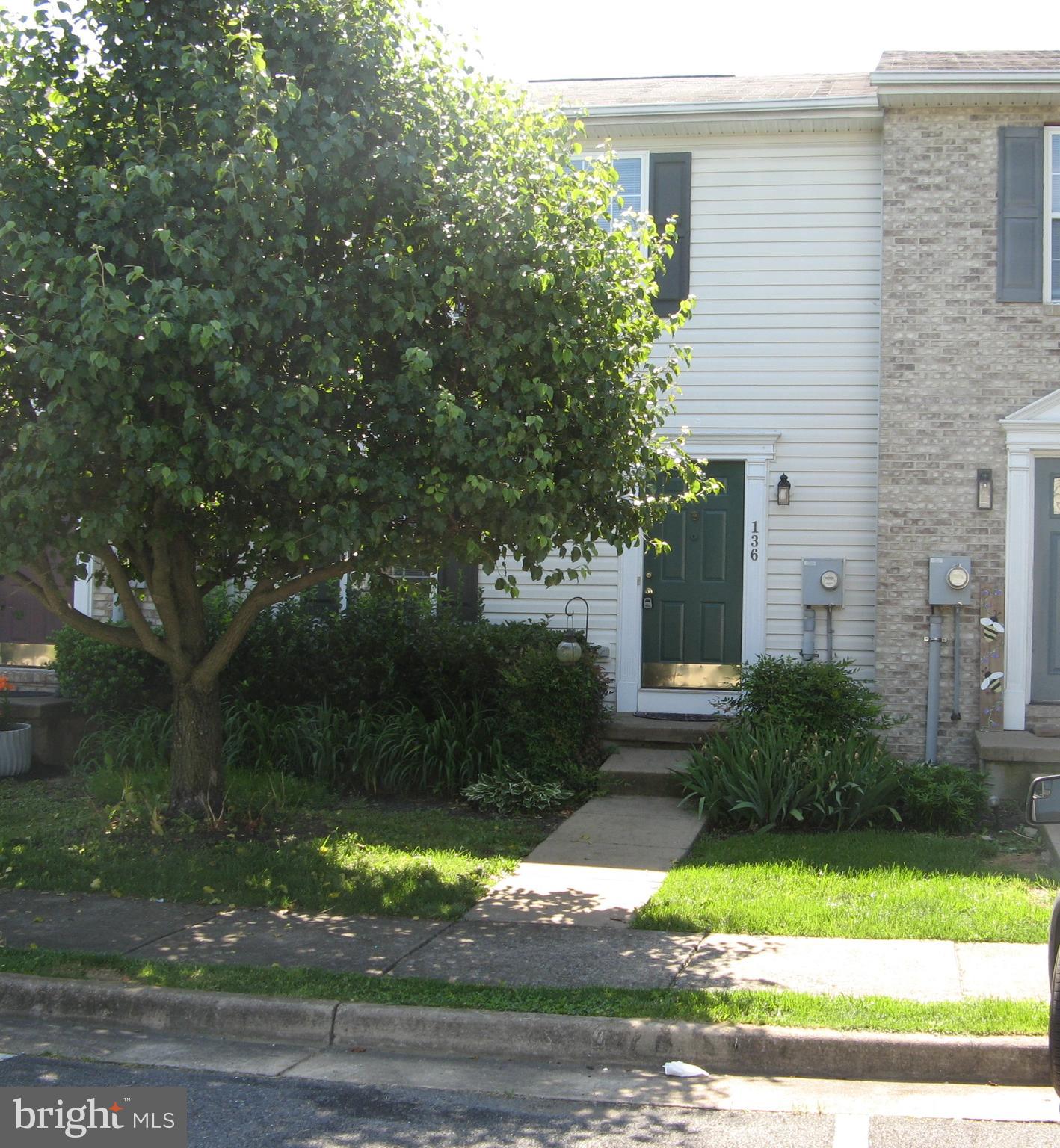 a view of a yard in front of a house with plants and large tree