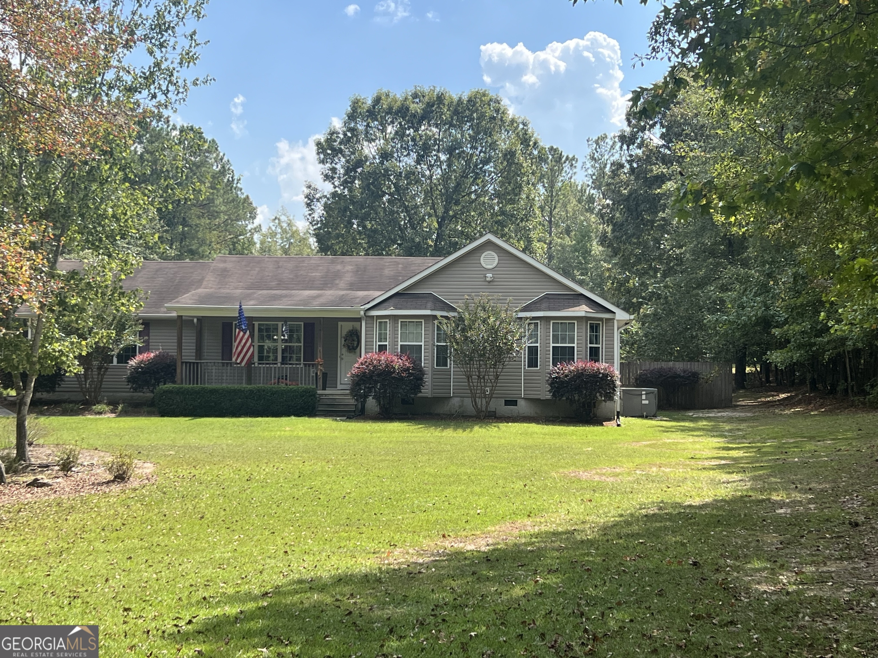 a front view of a house with yard and green space