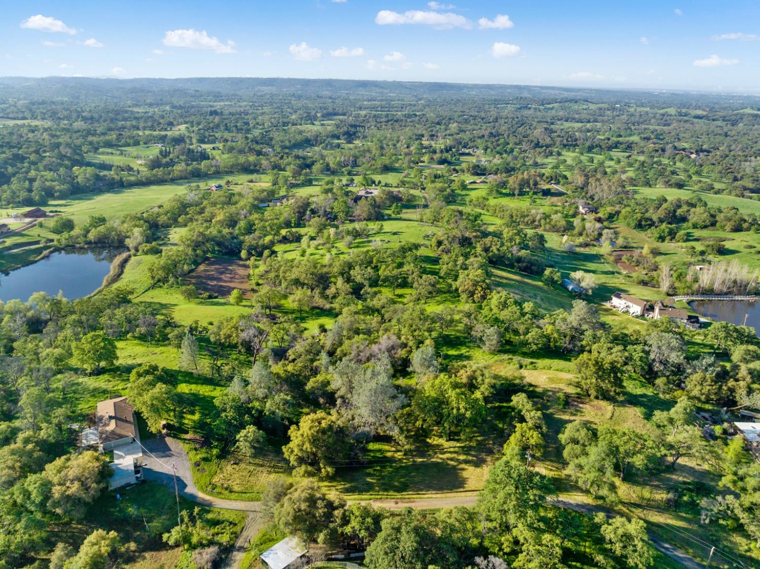 an aerial view of residential houses with outdoor space and trees