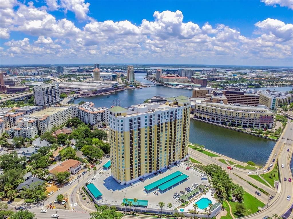 a view of a city and lake