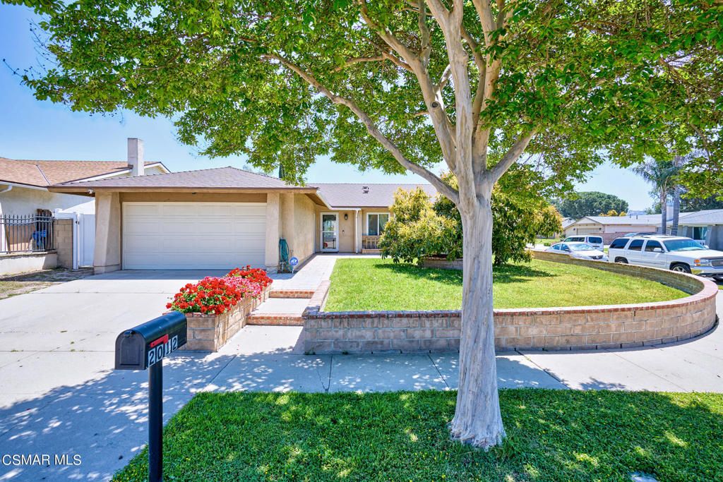 a view of a house with a small yard and a large tree