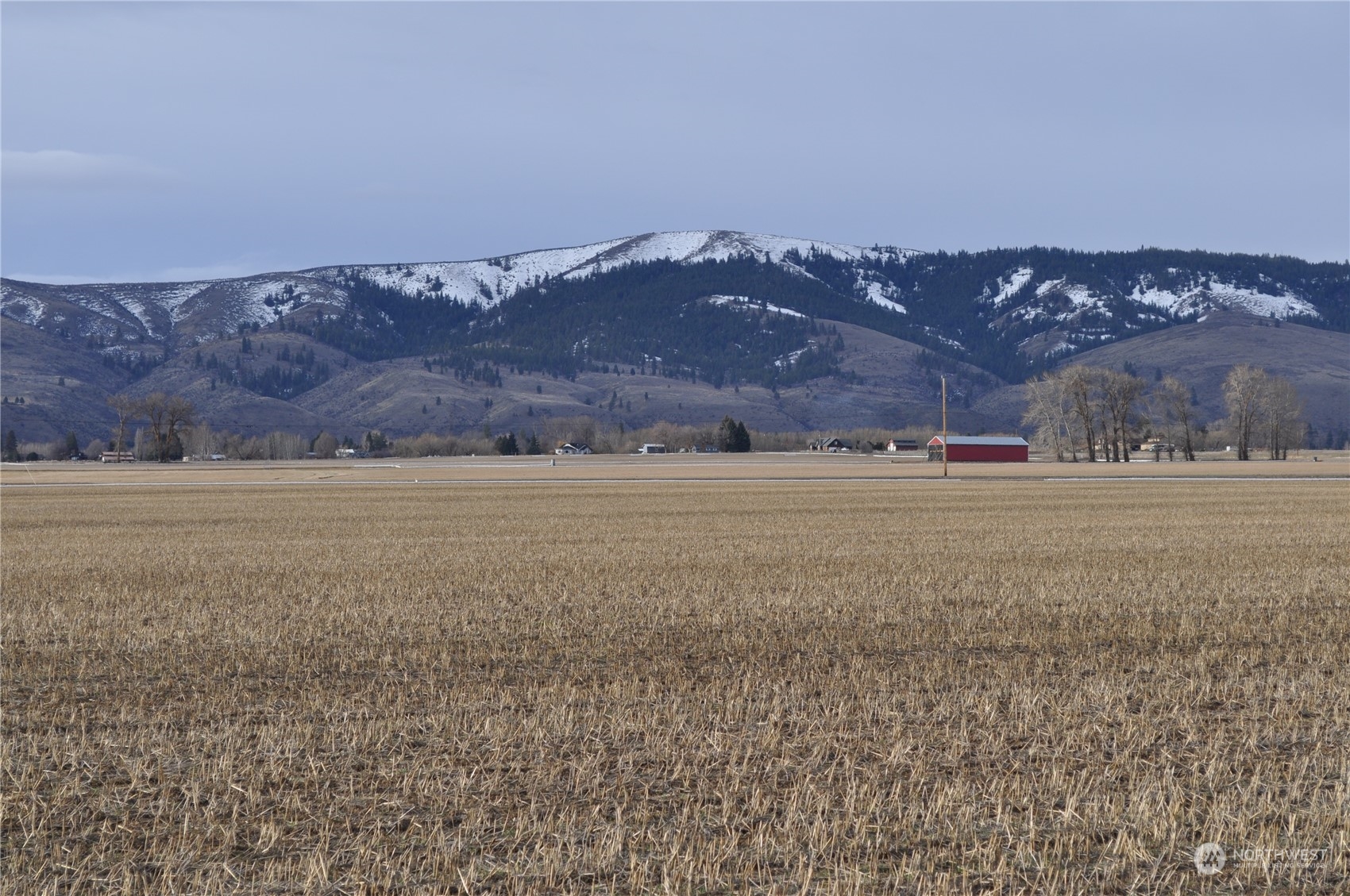 a view of a field with an ocean in the background