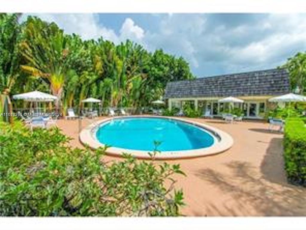 a view of a swimming pool with a yard and plants