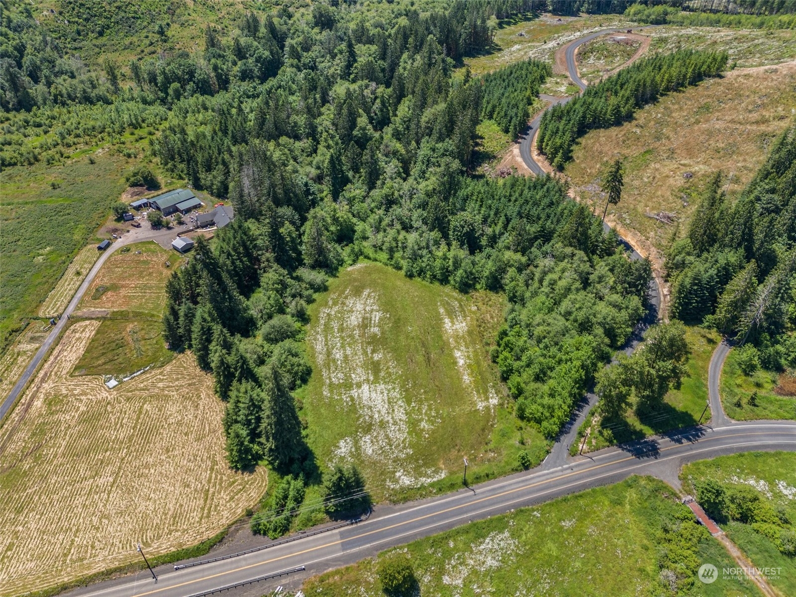 an aerial view of a residential houses with outdoor space and trees