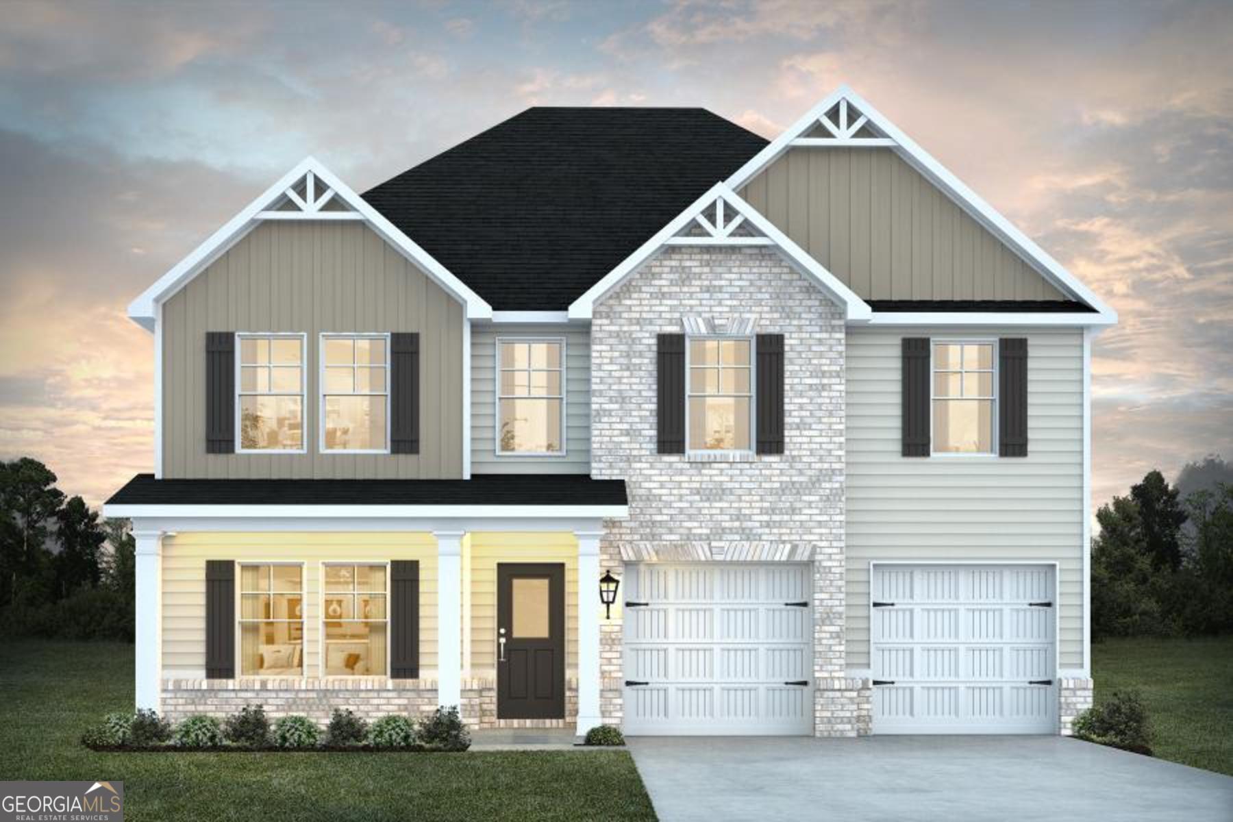 a view of a brick house with windows and yard